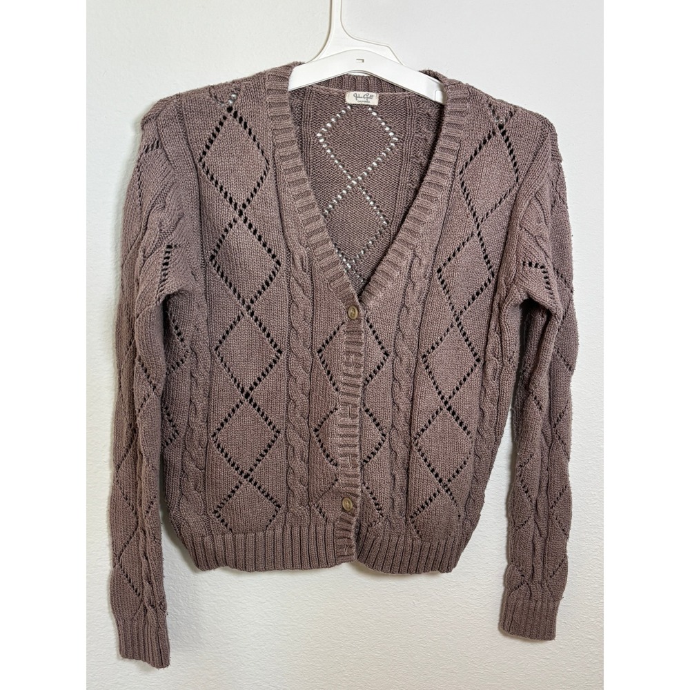 John Galt Brandy Melville Mauve Cable Knit Pointelle V-Neck Cardigan Sweater